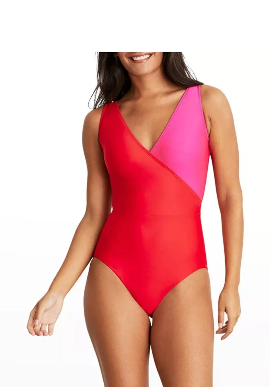 NWT Hermoza Pink and Red Color Block V-Neck One Piece Swimsuit Size 14